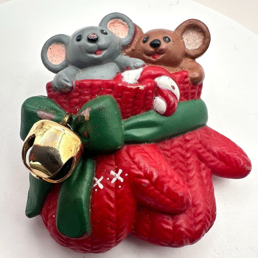 Vintage 90s Christmas Mice In Red Mitten Brooch Pin Festive Holiday Bell Retro
